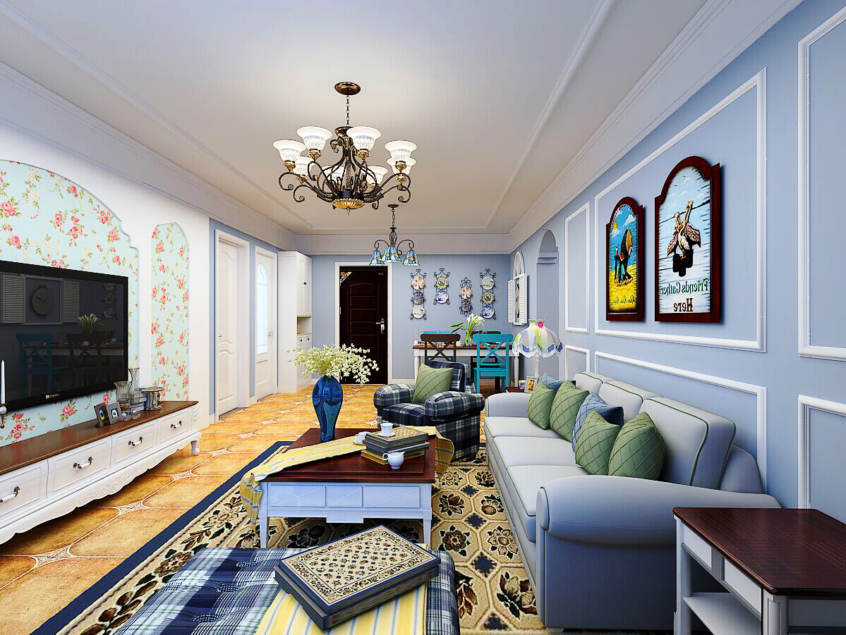 三居室装修,90平米装修,混搭风格,客厅,田园风格,地中海风格