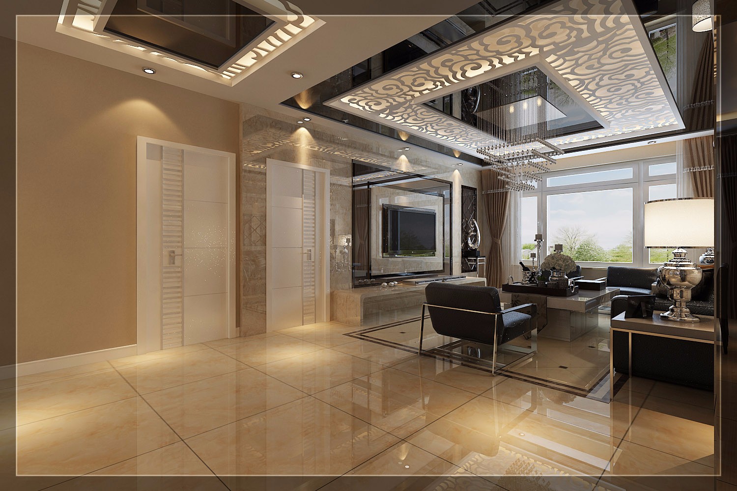 大户型,140平米以上装修,15-20万装修,客厅,现代简约风格,瓷砖,电视背景墙
