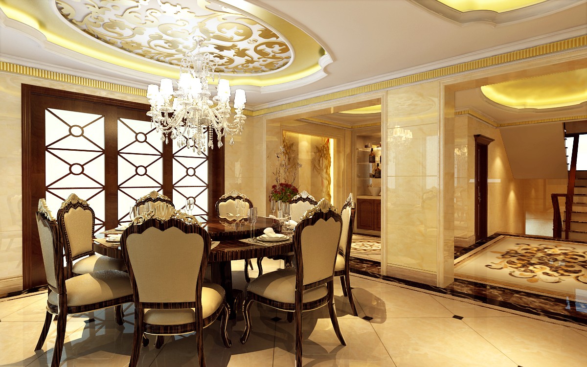 豪华型装修,别墅装修,140平米以上装修,欧式风格,餐厅,黄色