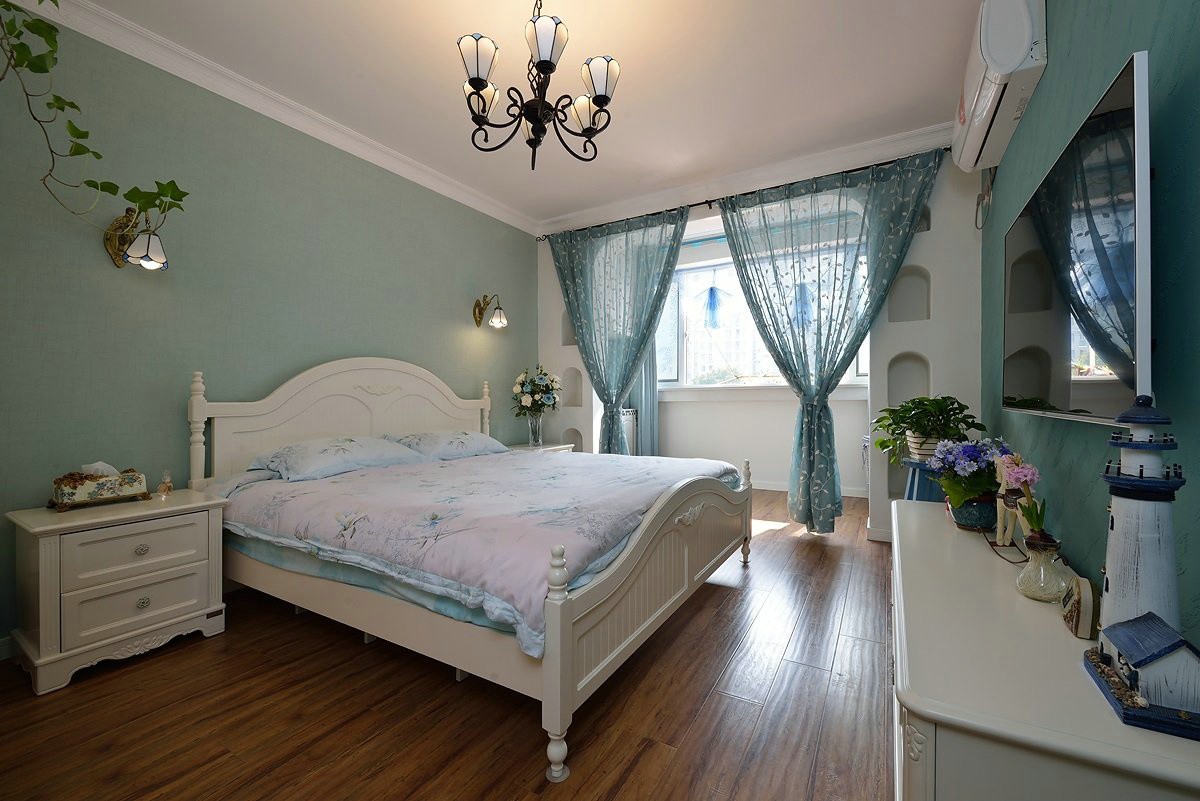 90平米装修,二居室装修,5-10万装修,卧室,地中海风格,卧室背景墙,蓝色