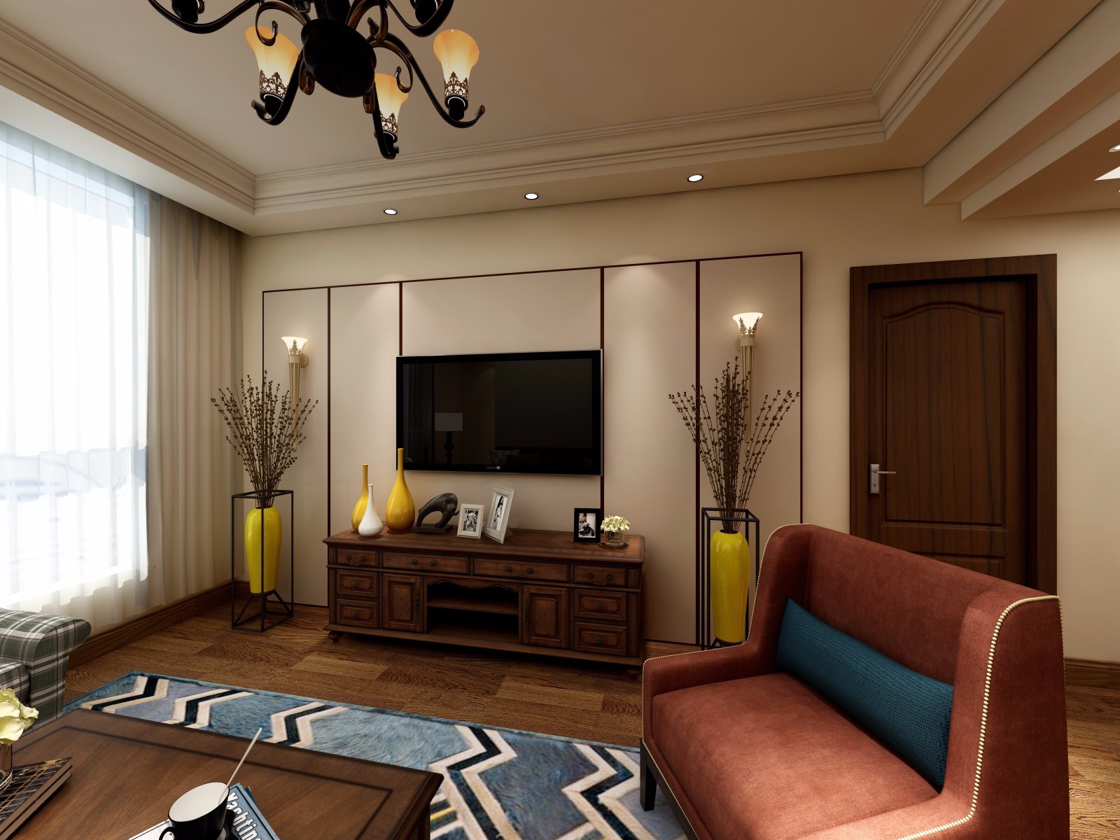 120平米装修,三居室装修,10-15万装修,美式风格,客厅,暖色调