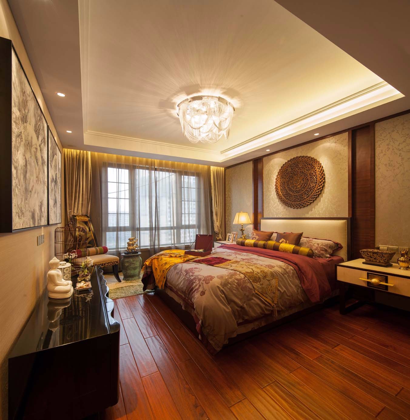 大户型,140平米以上装修,20万以上装修,卧室,东南亚风格,暖色调