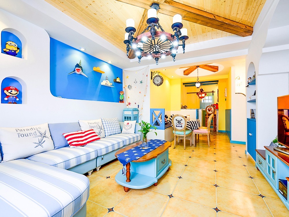 二居室装修,10-15万装修,80平米装修,客厅,地中海风格,沙发,沙发背景墙,黄色,蓝色