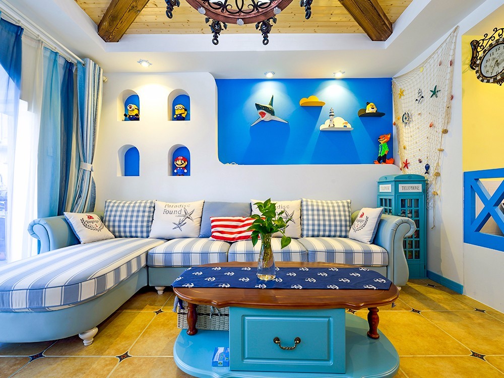 二居室装修,10-15万装修,80平米装修,客厅,地中海风格,沙发,蓝色