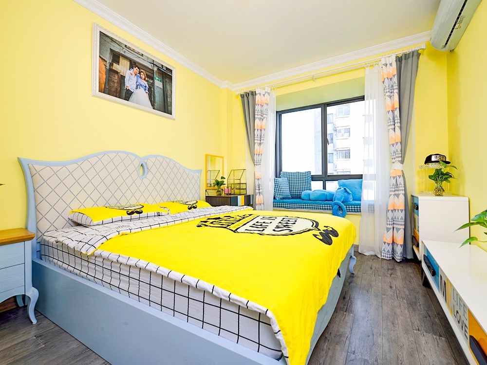二居室装修,10-15万装修,80平米装修,卧室,地中海风格,卧室背景墙,黄色