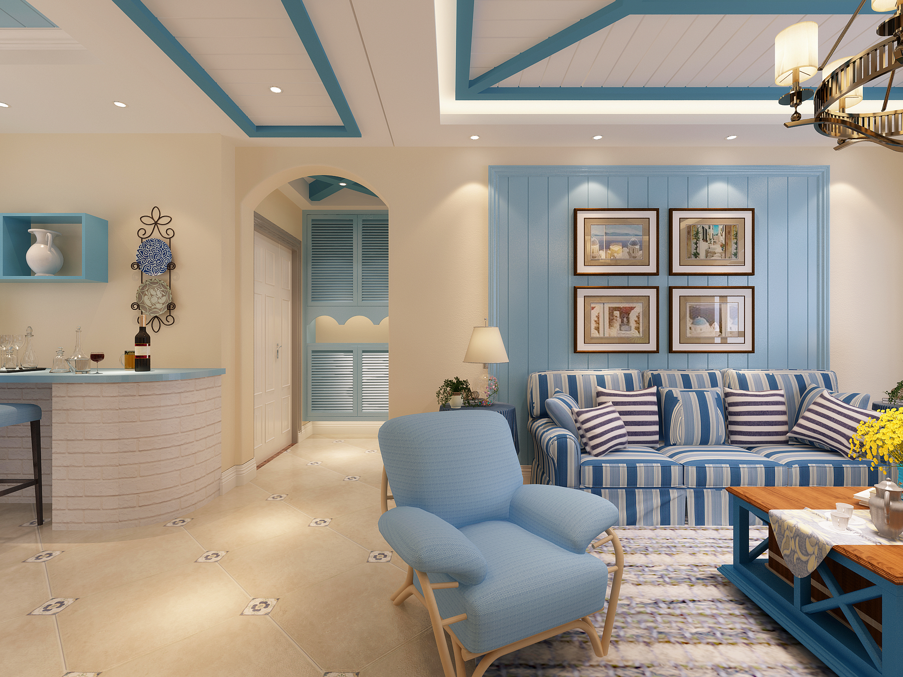 三居室装修,120平米装修,15-20万装修,地中海风格,客厅,蓝色