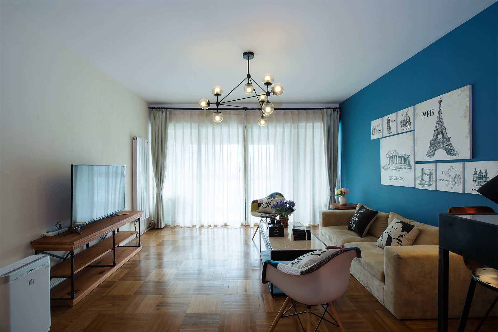 二居室装修,100平米装修,10-15万装修,客厅,混搭风格,蓝色