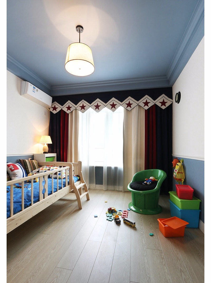 120平米装修,三居室装修,10-15万装修,儿童房,美式风格,吊顶,蓝色