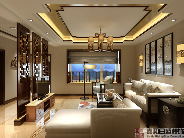 中式风格三居室客厅装修效果图1/6