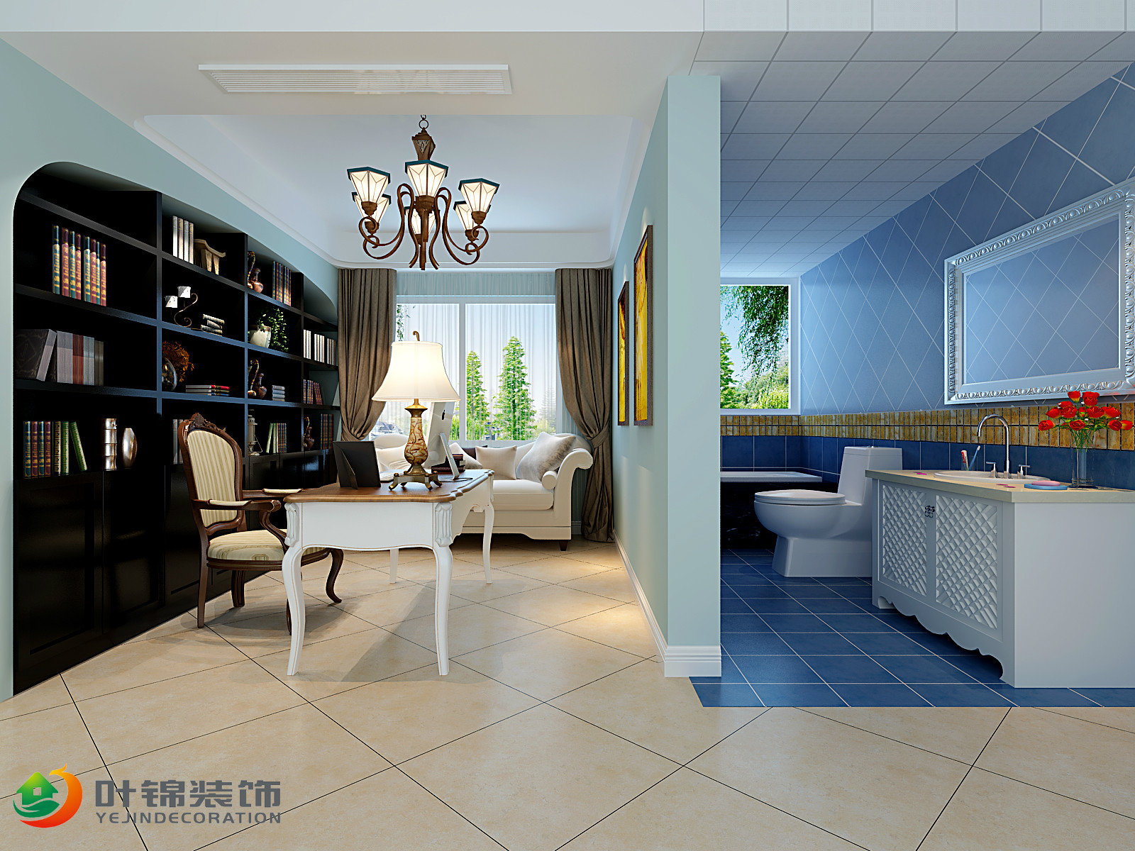 三居室装修,140平米以上装修,10-15万装修,地中海风格,书房,卫生间,隔断,蓝色
