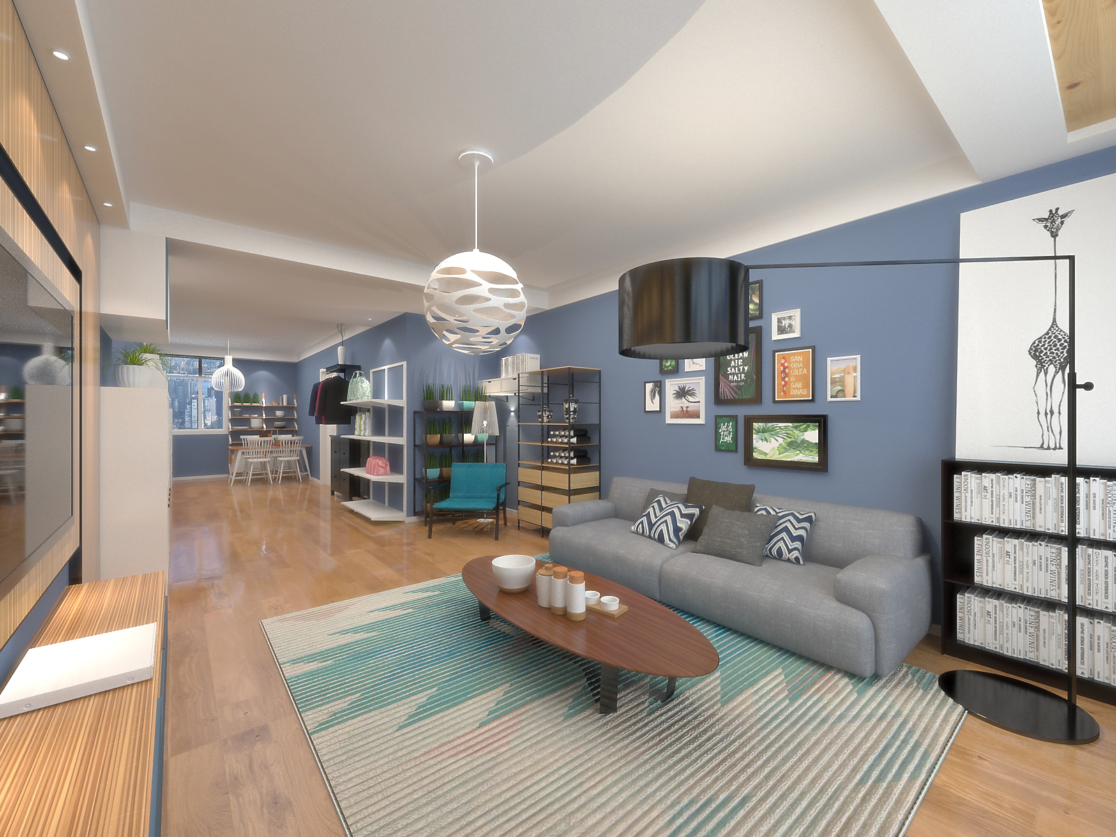 三居室装修,110平米装修,5-10万装修,简约风格,客厅,沙发背景墙,蓝色,灯具
