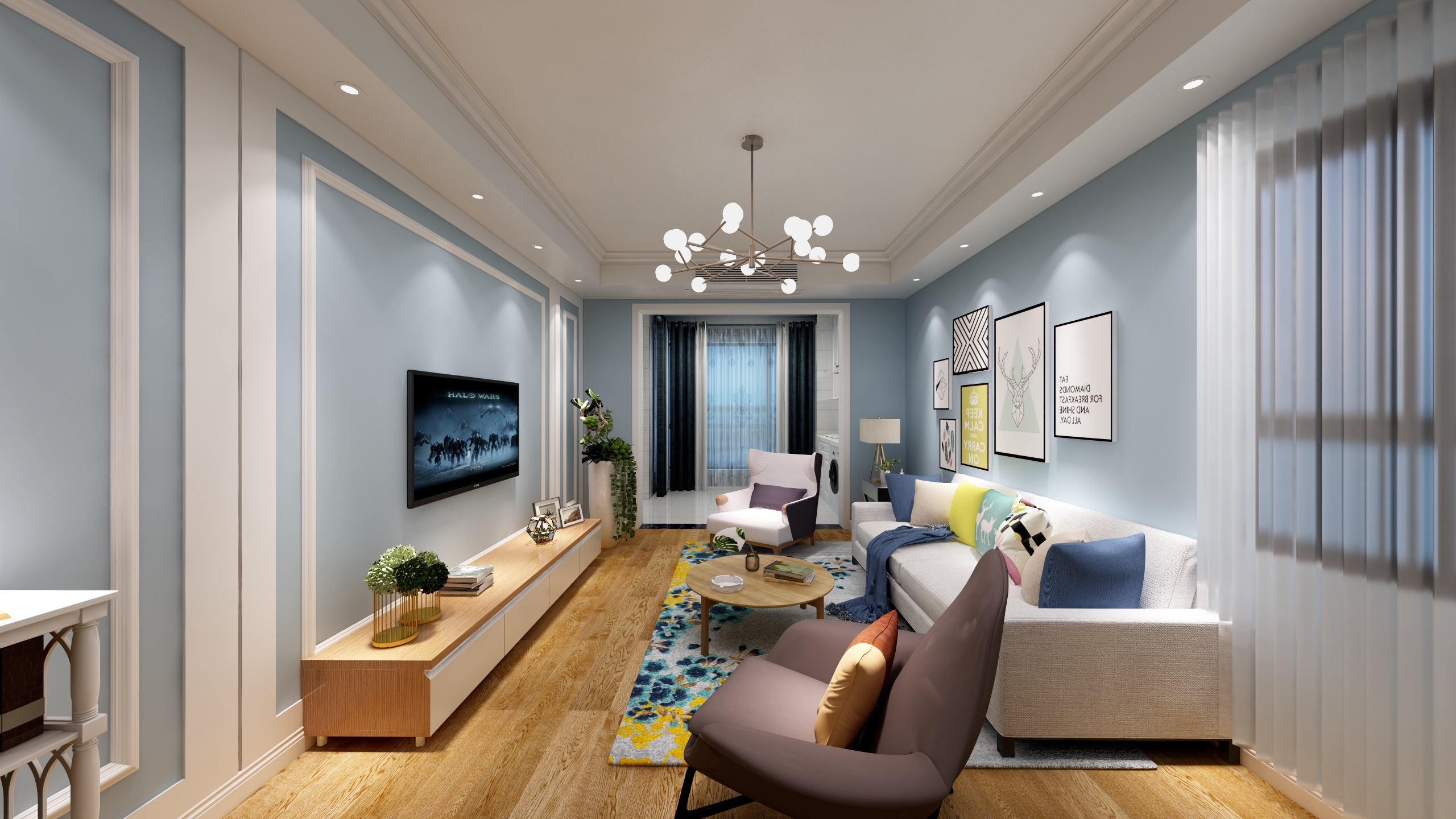 三居室装修,110平米装修,美式风格,10-15万装修,客厅,电视背景墙,蓝色