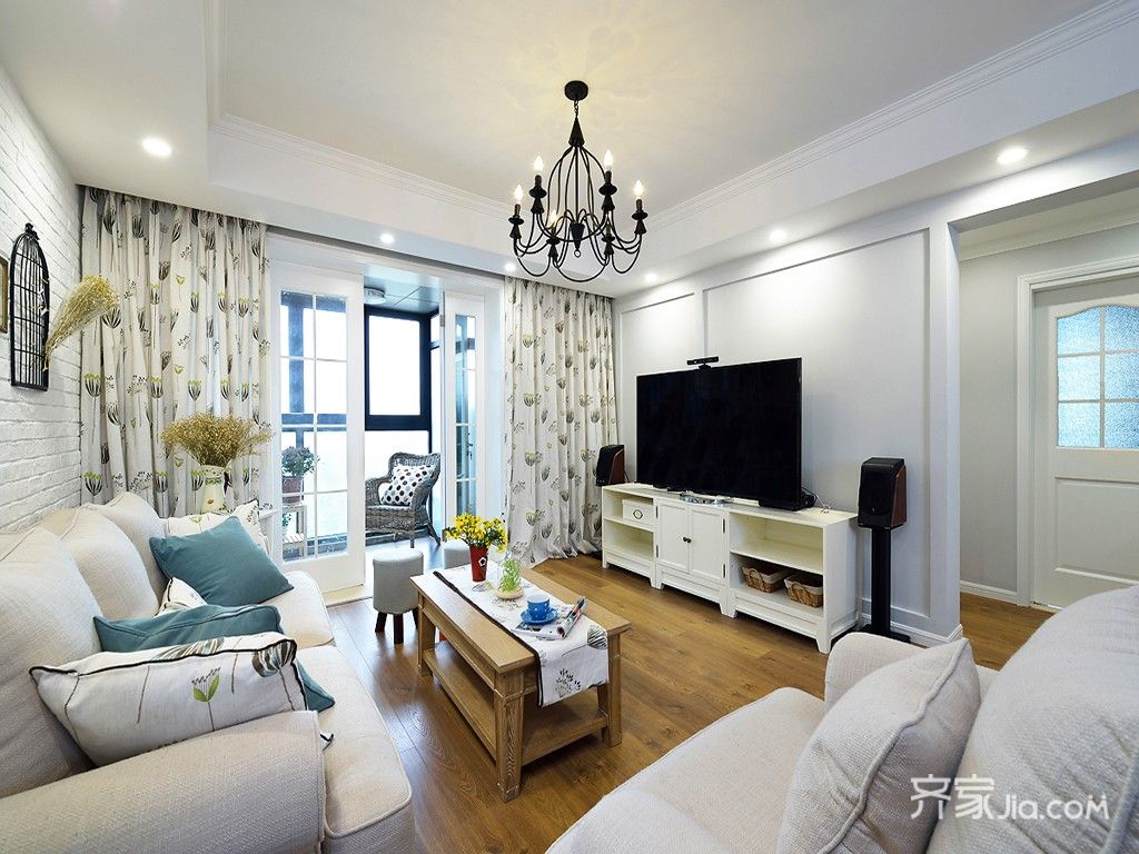 10-15万装修,三居室装修,110平米装修,美式风格,客厅,沙发背景墙,白色
