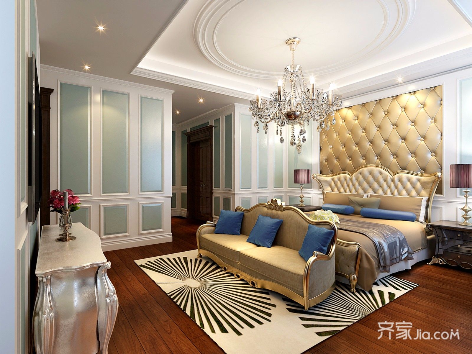 豪华型装修,别墅装修,140平米以上装修,欧式风格,卧室,床头软包,金色