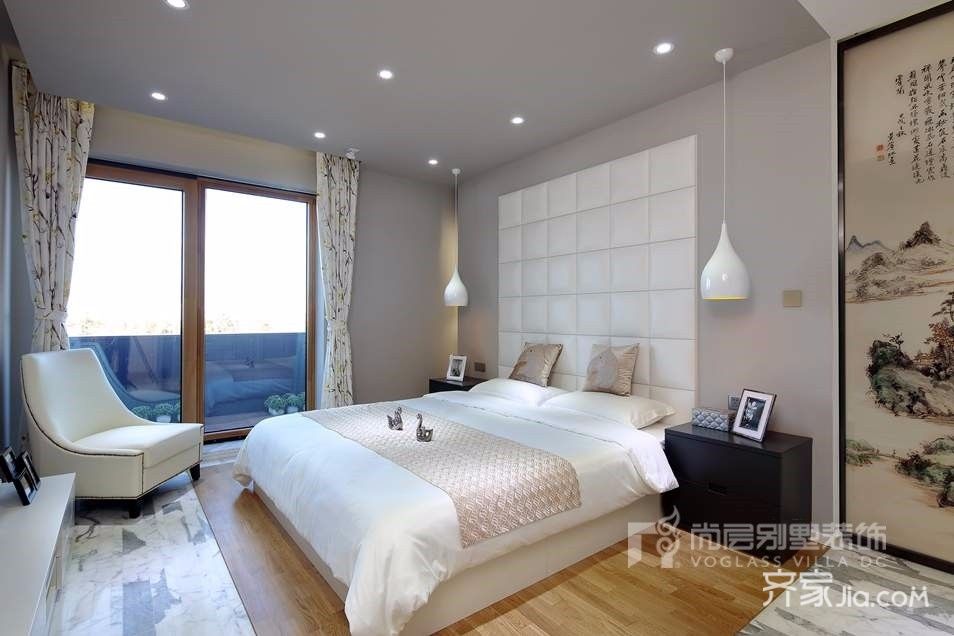 别墅装修,140平米以上装修,20万以上装修,大户型,卧室,现代简约风格,床头软包,白色,灰色