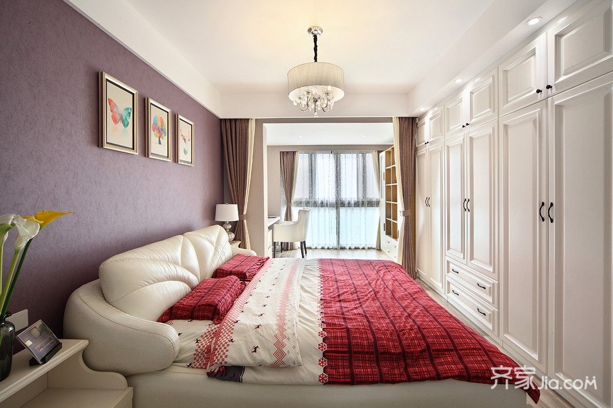 三居室装修,120平米装修,15-20万装修,卧室,混搭风格,卧室背景墙,床上用品,红色,紫色