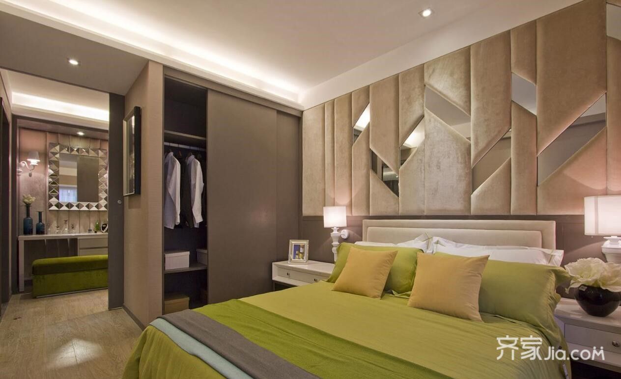 70平米装修,10-15万装修,二居室装修,卧室,现代简约风格,卧室背景墙,绿色,灰色,床上用品