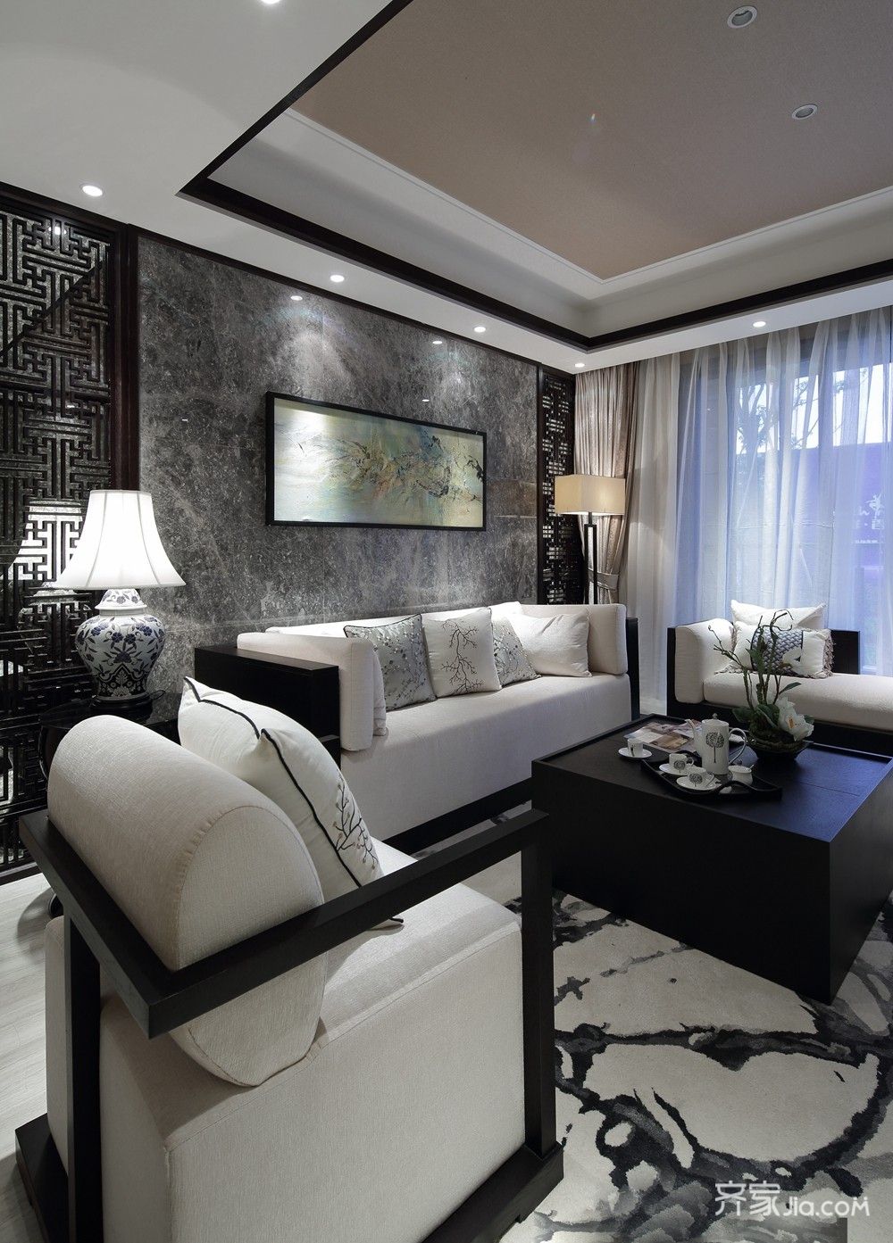 110平米装修,三居室装修,15-20万装修,中式风格,客厅,沙发背景墙,沙发,黑白,灰色