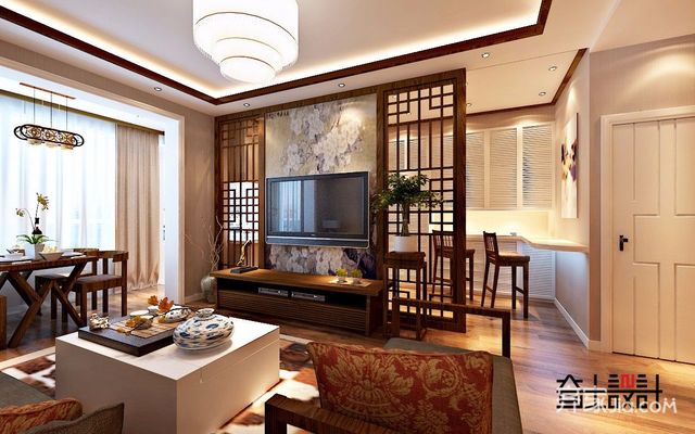 新中式风格二居室电视背景墙装修效果图5/5