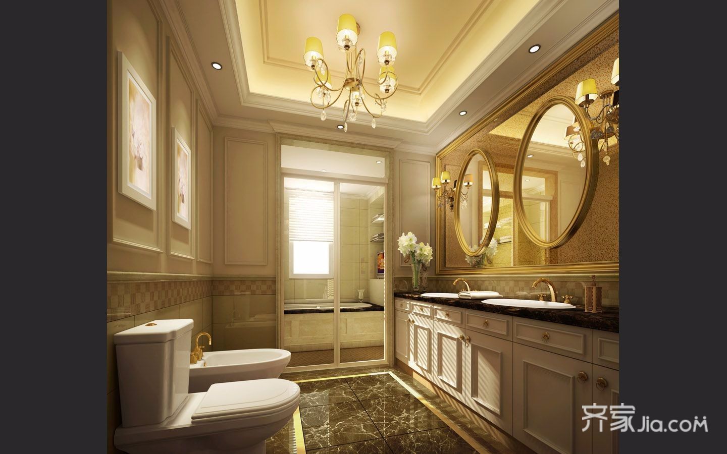 别墅装修,豪华型装修,四房装修,140平米以上装修,欧式风格,卫生间,浴室柜,黄色