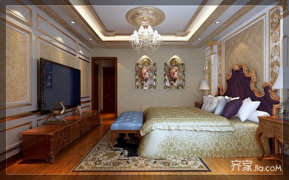 豪华型装修,别墅装修,四房装修,140平米以上装修,欧式风格,卧室,吊顶,金色