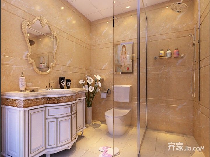大户型,20万以上装修,复式装修,140平米以上装修,欧式风格,卫生间,隔断,黄色