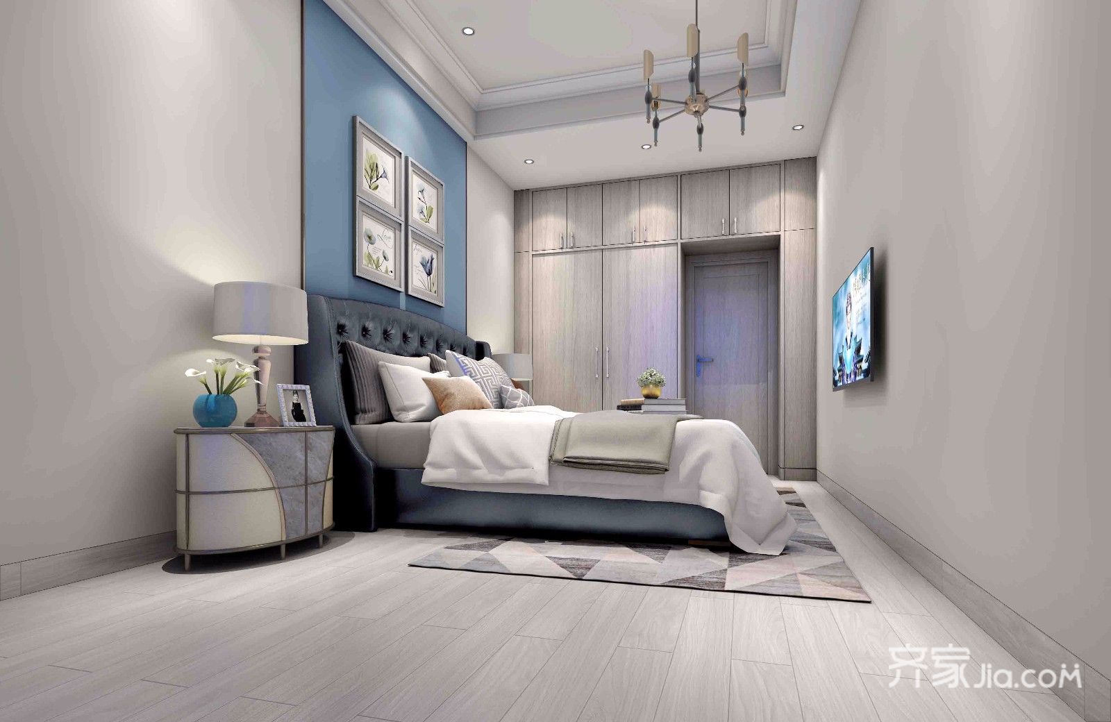 5-10万装修,二居室装修,70平米装修,卧室,现代简约风格,卧室背景墙,蓝色