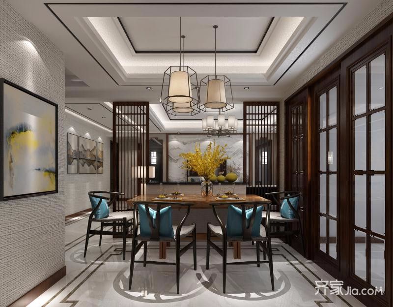 20万以上装修,三居室装修,130平米装修,中式风格,餐厅,吊顶,灯具,餐桌