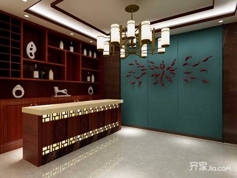 菜馆,20万以上装修,140平米以上装修,中式风格,门厅,吧台,灯具,背景墙,蓝色