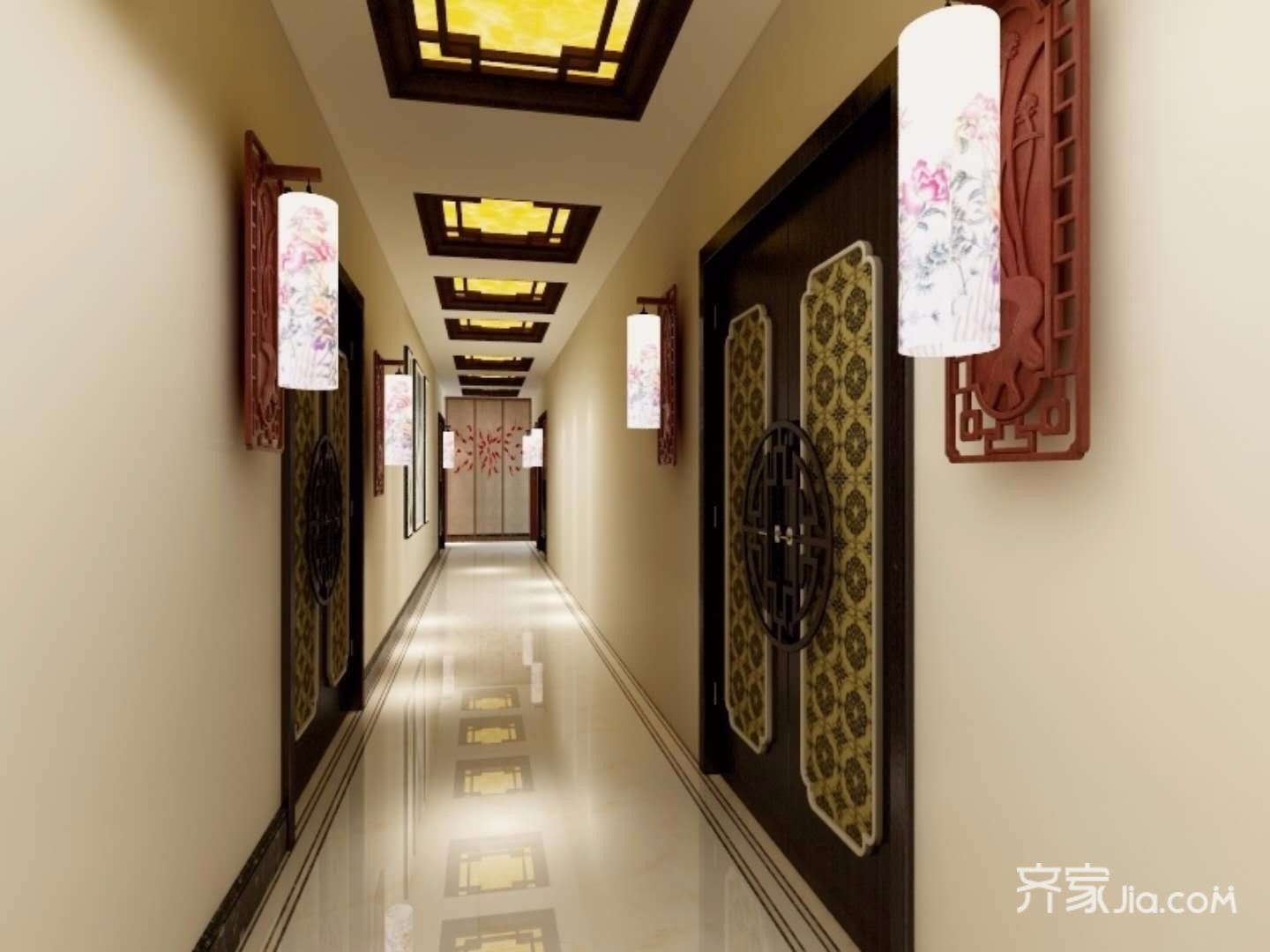 菜馆,20万以上装修,140平米以上装修,中式风格,走廊,吊顶,暖色调