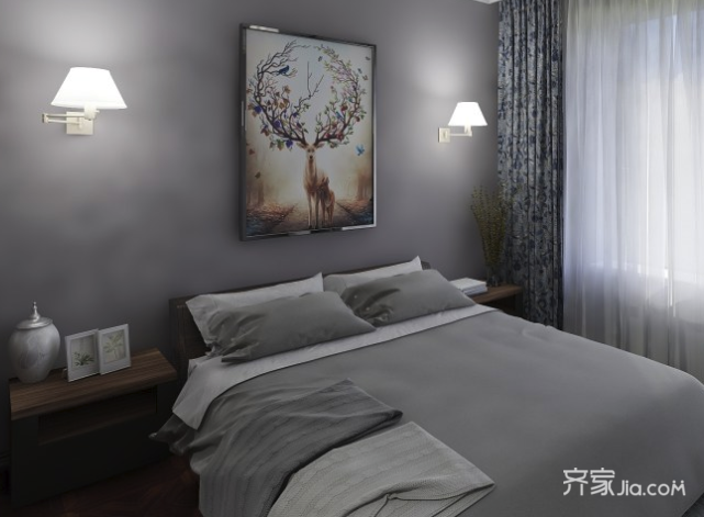 15-20万装修,三居室装修,100平米装修,中式风格,卧室,卧室背景墙,床上用品,灰色