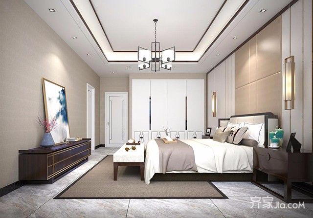 20万以上装修,四房装修,140平米以上装修,中式风格,卧室,吊顶,卧室背景墙,灰色