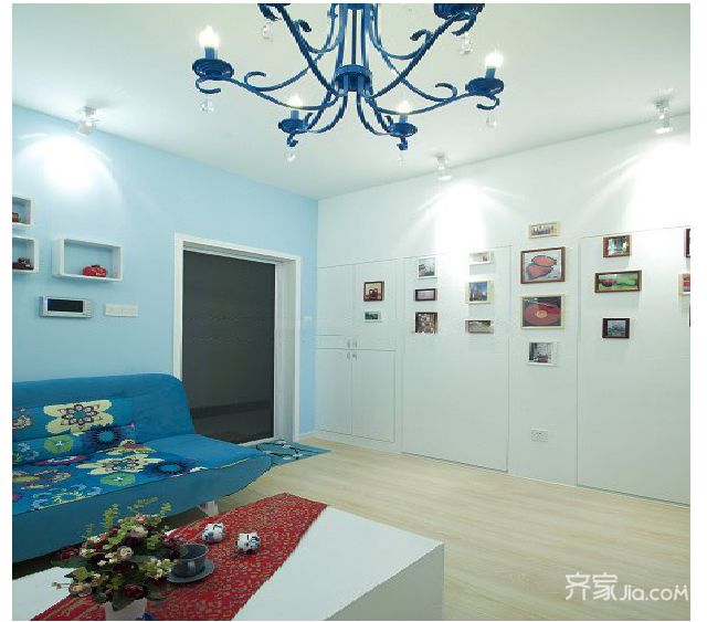 3万-5万装修,小户型装修,一居室装修,40平米装修,地中海风格,客厅,沙发,照片墙,灯具,蓝色