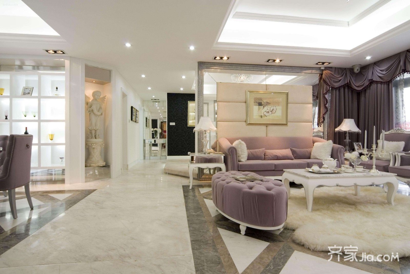 120平米装修,三居室装修,20万以上装修,混搭风格,客厅,过道,沙发,紫色,吊顶,白色