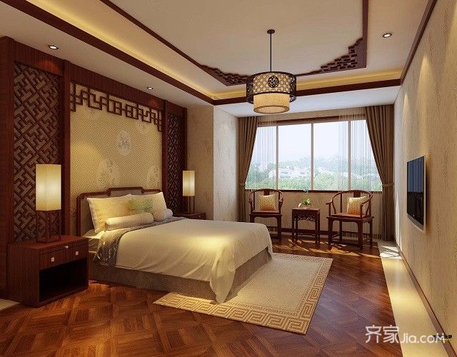 20万以上装修,三居室装修,100平米装修,中式风格,卧室,黄色,背景墙
