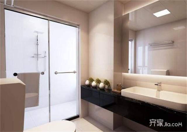 二居室装修,80平米装修,简约风格,卫生间,黑白,隔断,洗手台