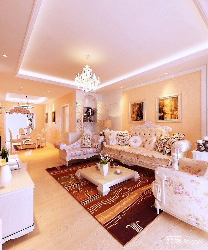 10-15万装修,三居室装修,130平米装修,客厅,简欧风格,黄色,沙发背景墙