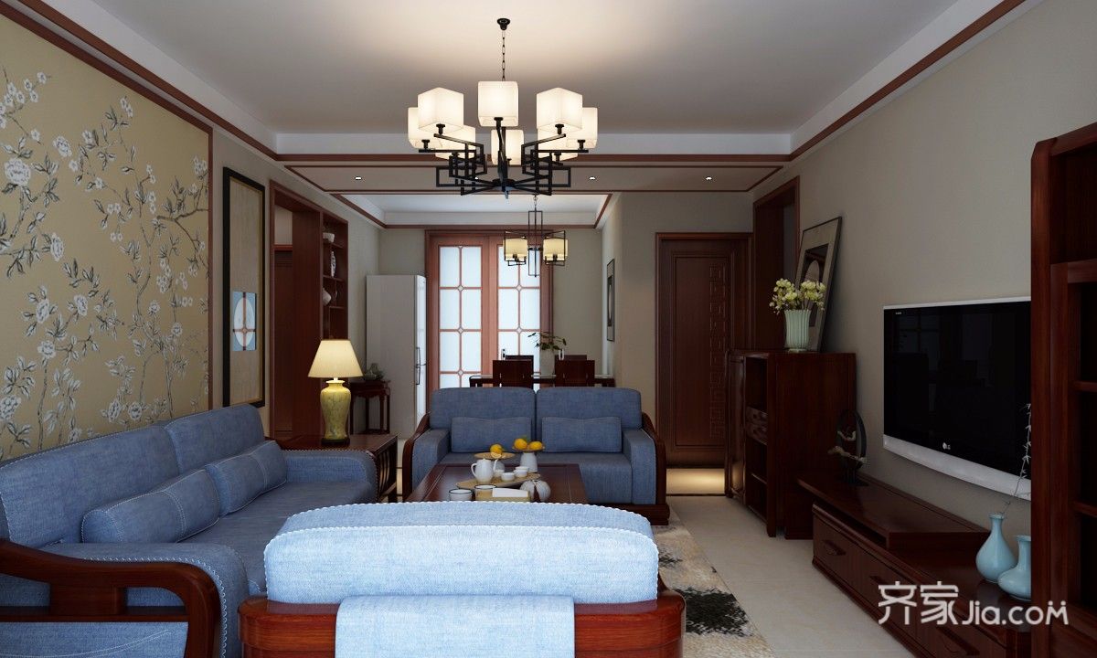 10-15万装修,三居室装修,130平米装修,客厅,中式风格,蓝色,沙发