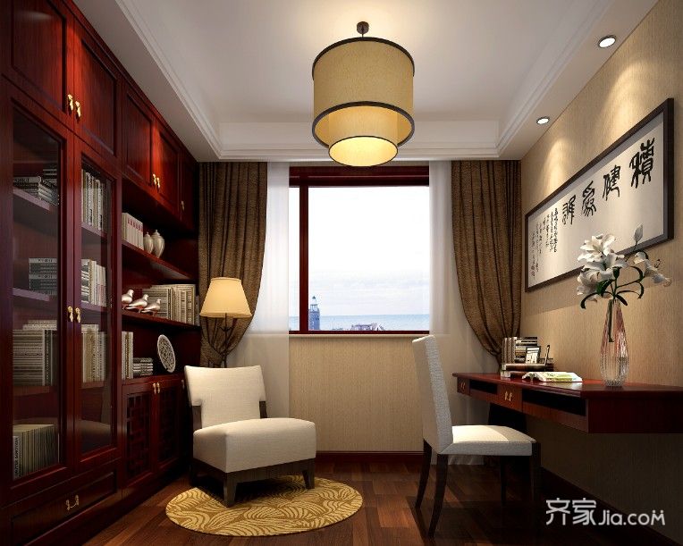 大户型,豪华型装修,140平米以上装修,中式风格,书房,书柜,红色
