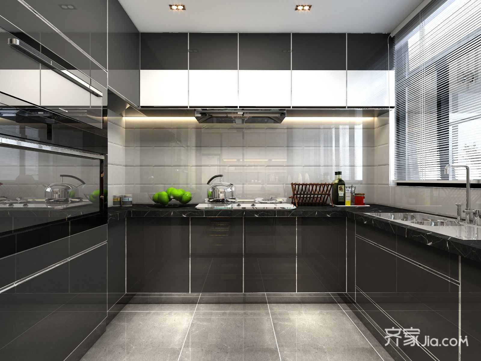 u字型橱柜,搭配黑色材质,彰显了整个厨房的霸气.