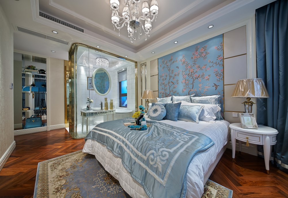 别墅装修,140平米以上装修,豪华型装修,简欧风格,蓝色,卧室背景墙,床上用品
