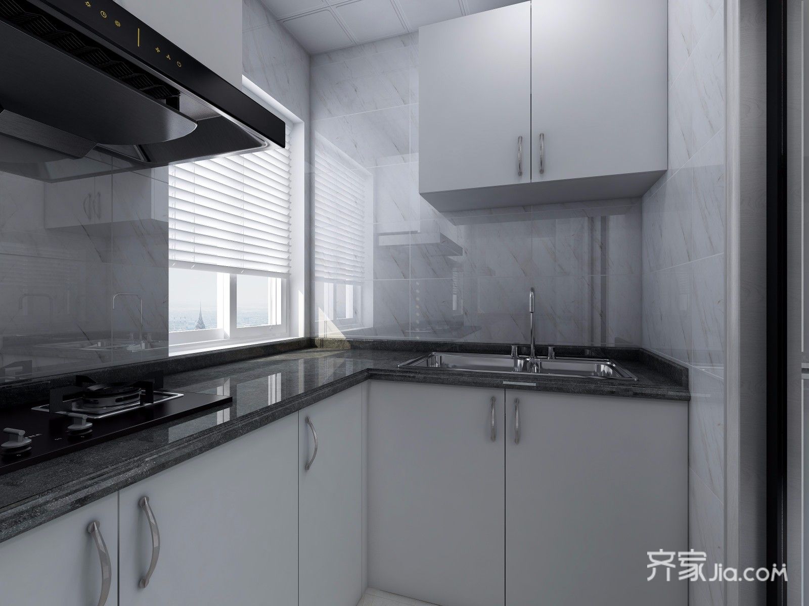 因为厨房采光不是很好,所以采用白色橱柜与黑色台面,使空间更明亮.