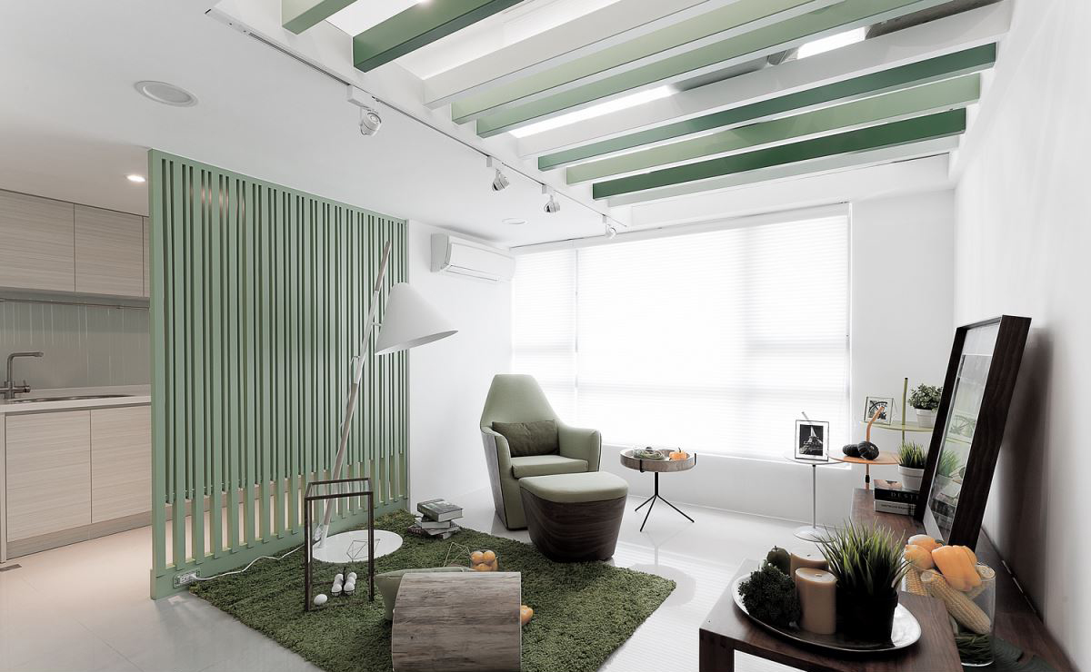 60平米装修,一居室装修,3万-5万装修,简约风格,客厅,隔断,绿色,沙发