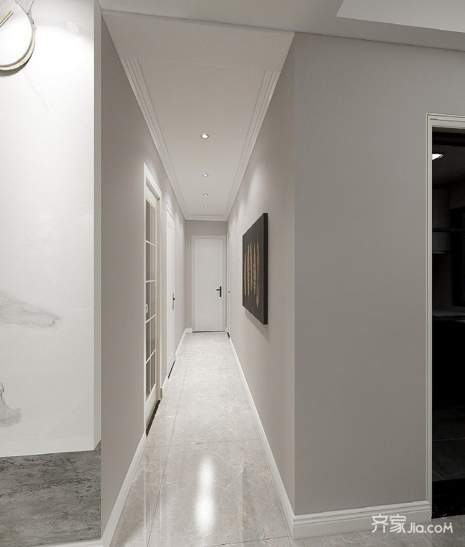 客厅到卧室的走廊灰色乳胶漆饰面,顶部吊平顶,内收石膏线.
