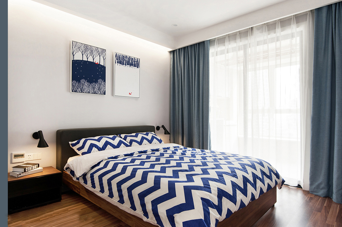 二居室装修,120平米装修,10-15万装修,宜家风格,床上用品,蓝色,窗帘