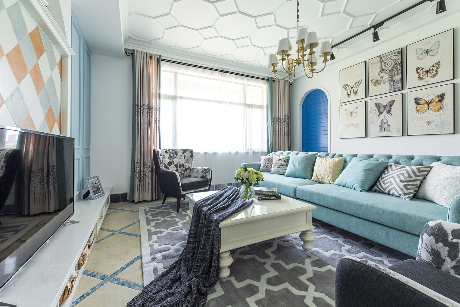 130平米装修,三居室装修,10-15万装修,30-50万,美式风格,沙发,蓝色