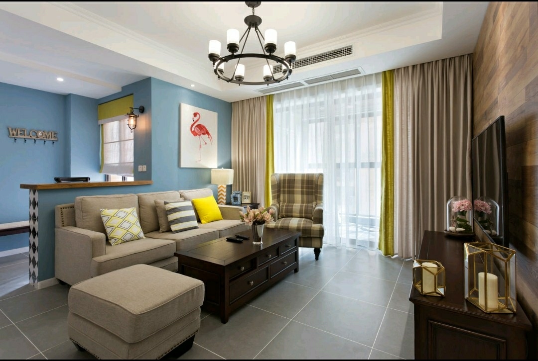 100平米装修,三居室装修,10-15万装修,美式风格,沙发