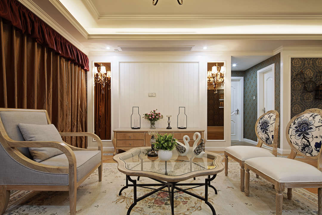 100平米装修,三居室装修,10-15万装修,美式风格,客厅,白色