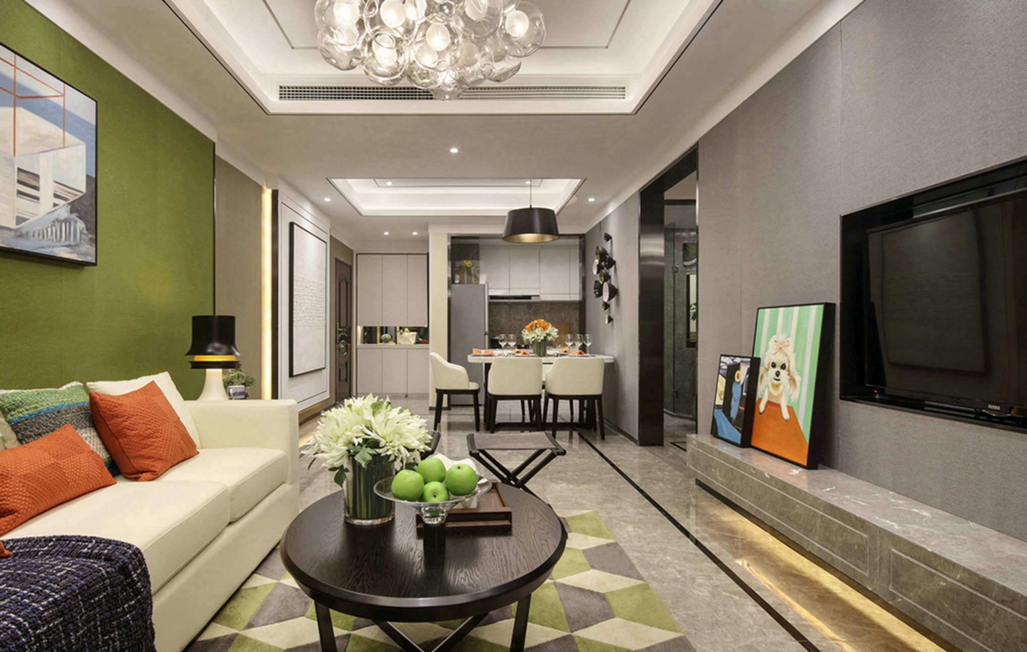现代简约风格,130平米装修,三居室装修,20万以上装修,绿色,灰色,电视背景墙