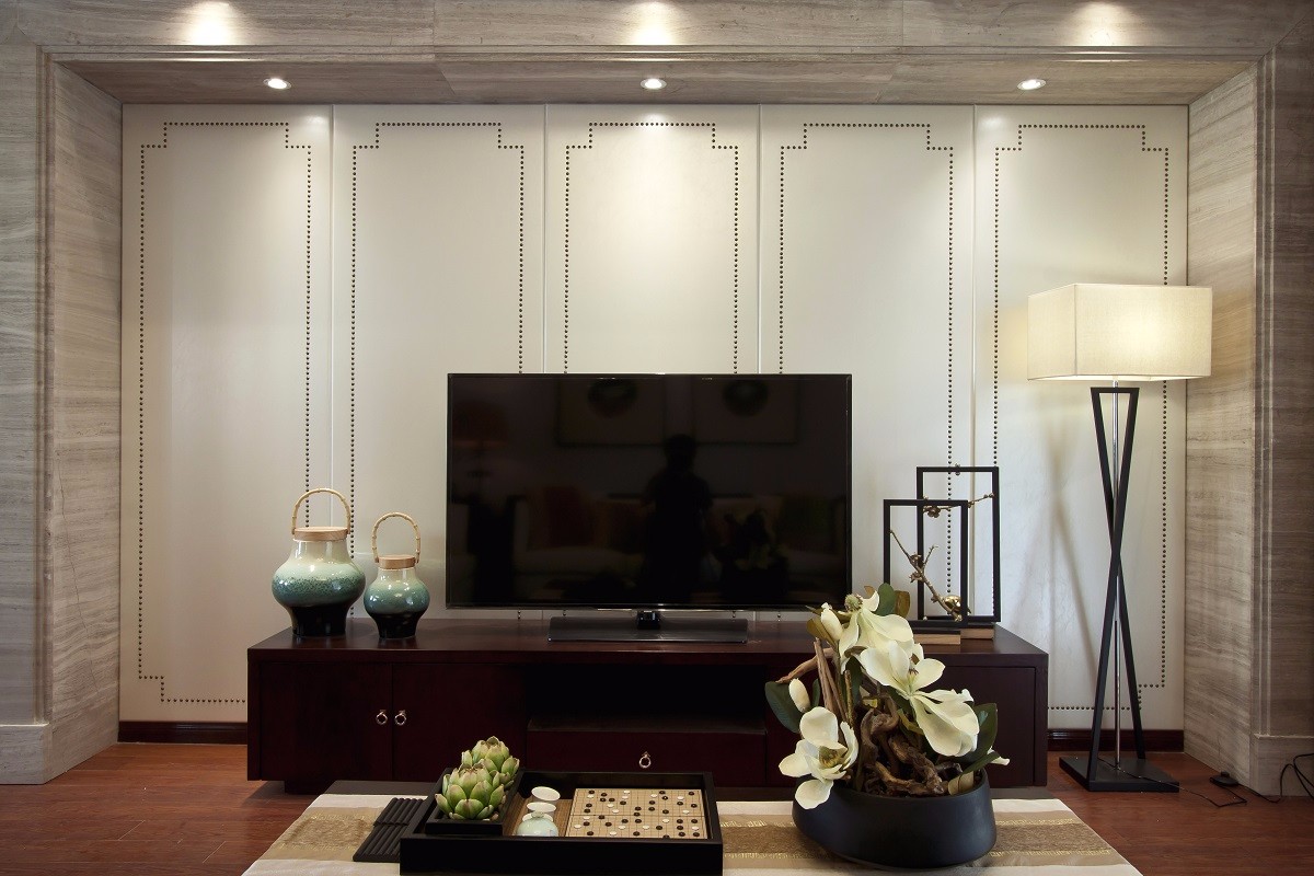 中式风格,140平米以上装修,20万以上装修,三居室装修,客厅,米色